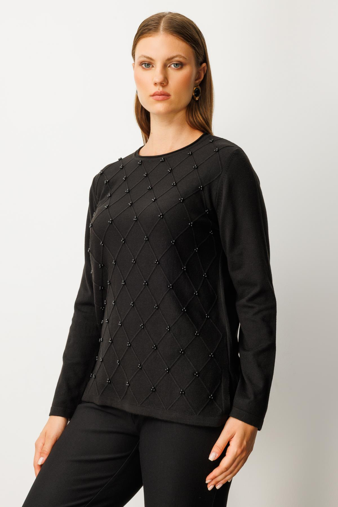 Sıfır Yaka Baklava Desenli Kazak SİYAH