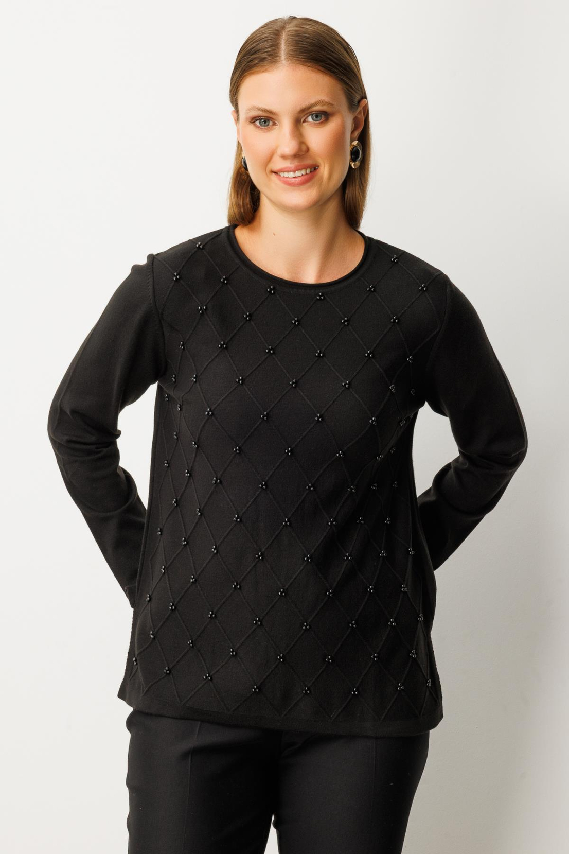 Sıfır Yaka Baklava Desenli Kazak SİYAH