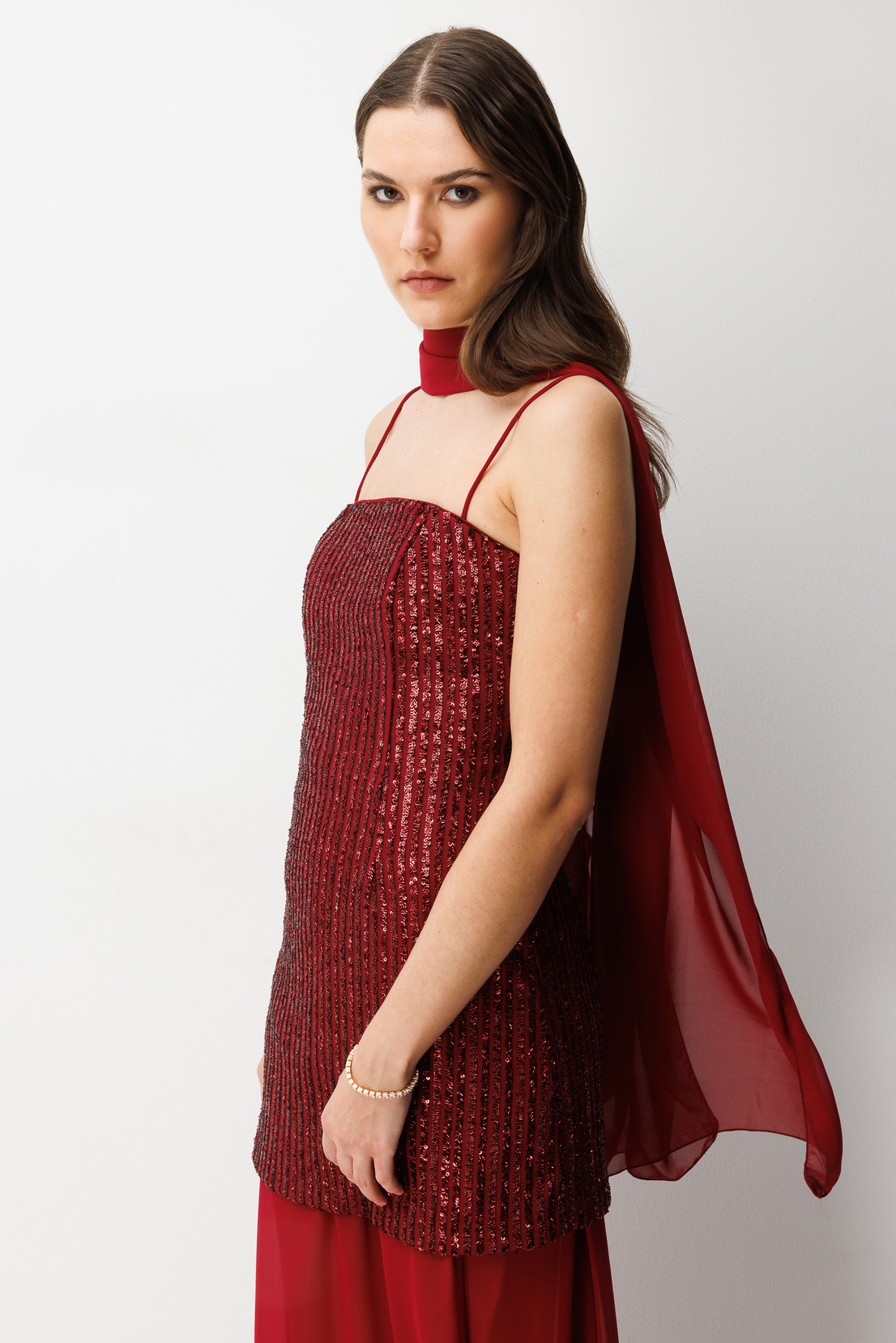 Şifon Şal ve Etek Set Mini Payetli Elbise BORDO