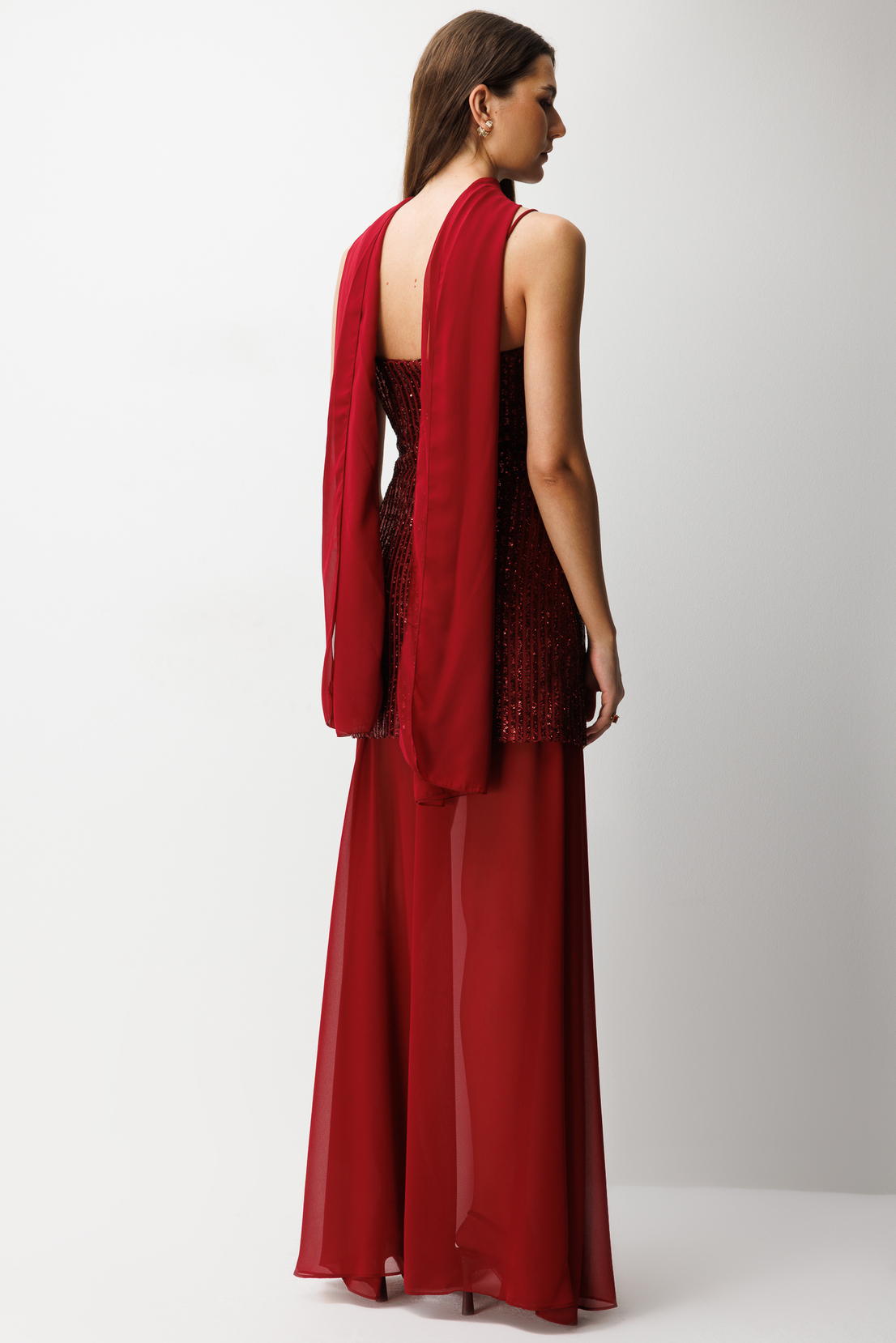 Şifon Şal ve Etek Set Mini Payetli Elbise BORDO