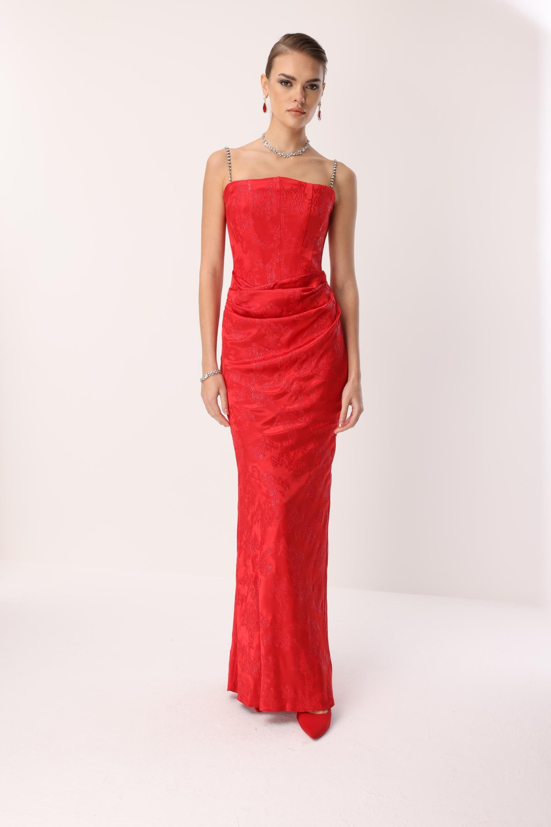 Straplez Jakar Elbise KIRMIZI