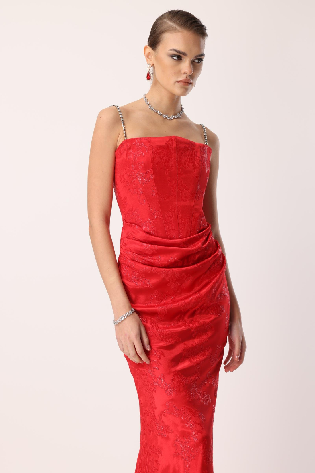 Straplez Jakar Elbise KIRMIZI