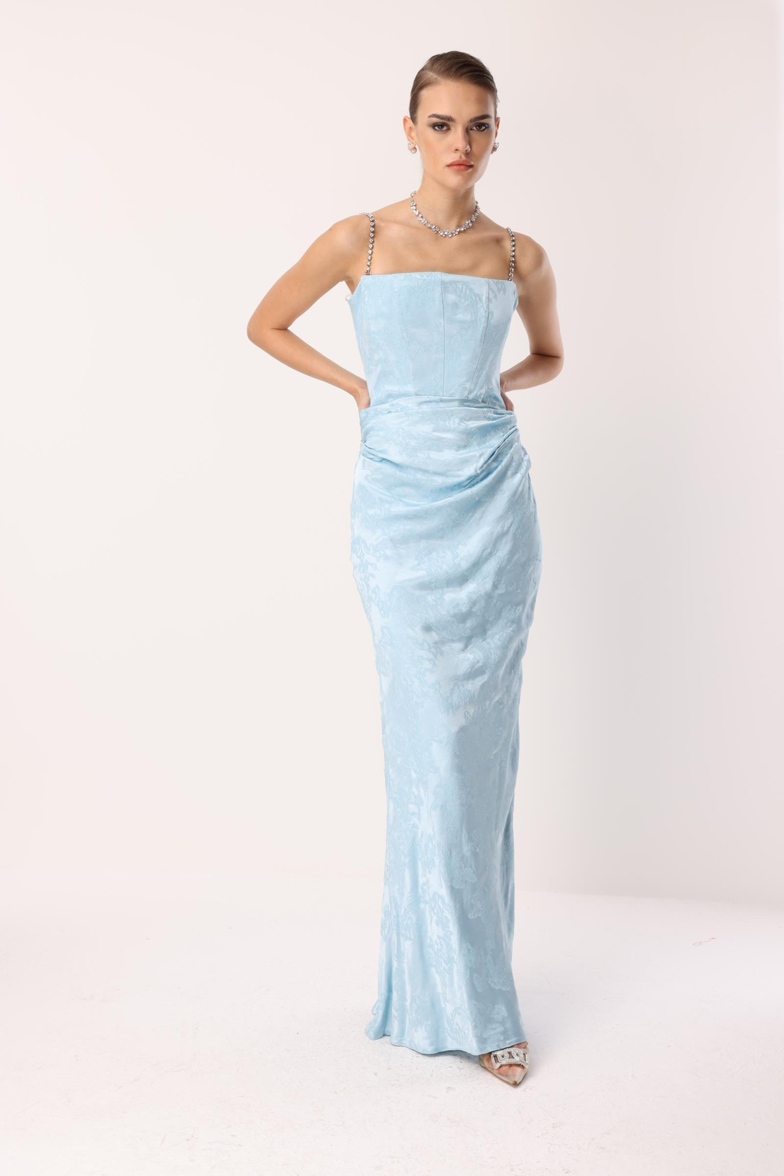 Straplez Jakar Elbise MAVİ