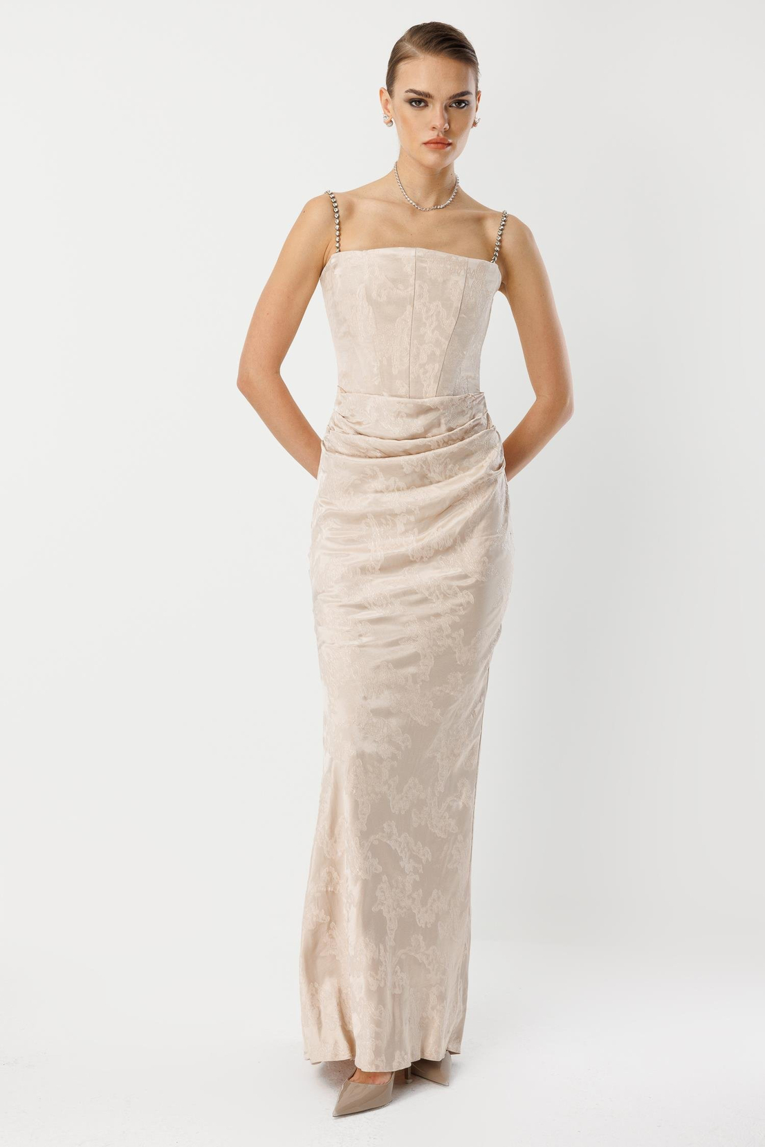 Straplez Jakar Elbise VİZON