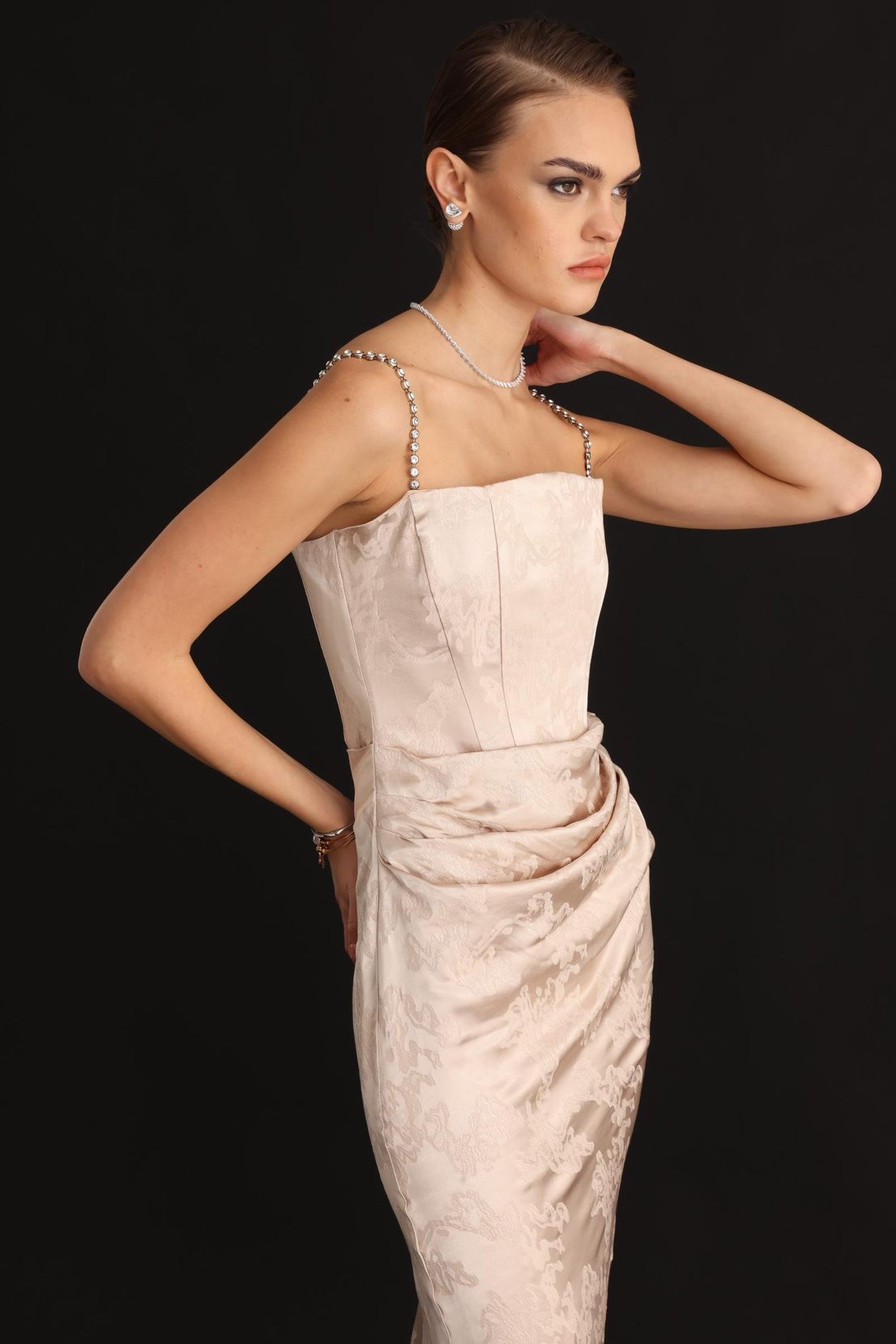 Straplez Jakar Elbise VİZON