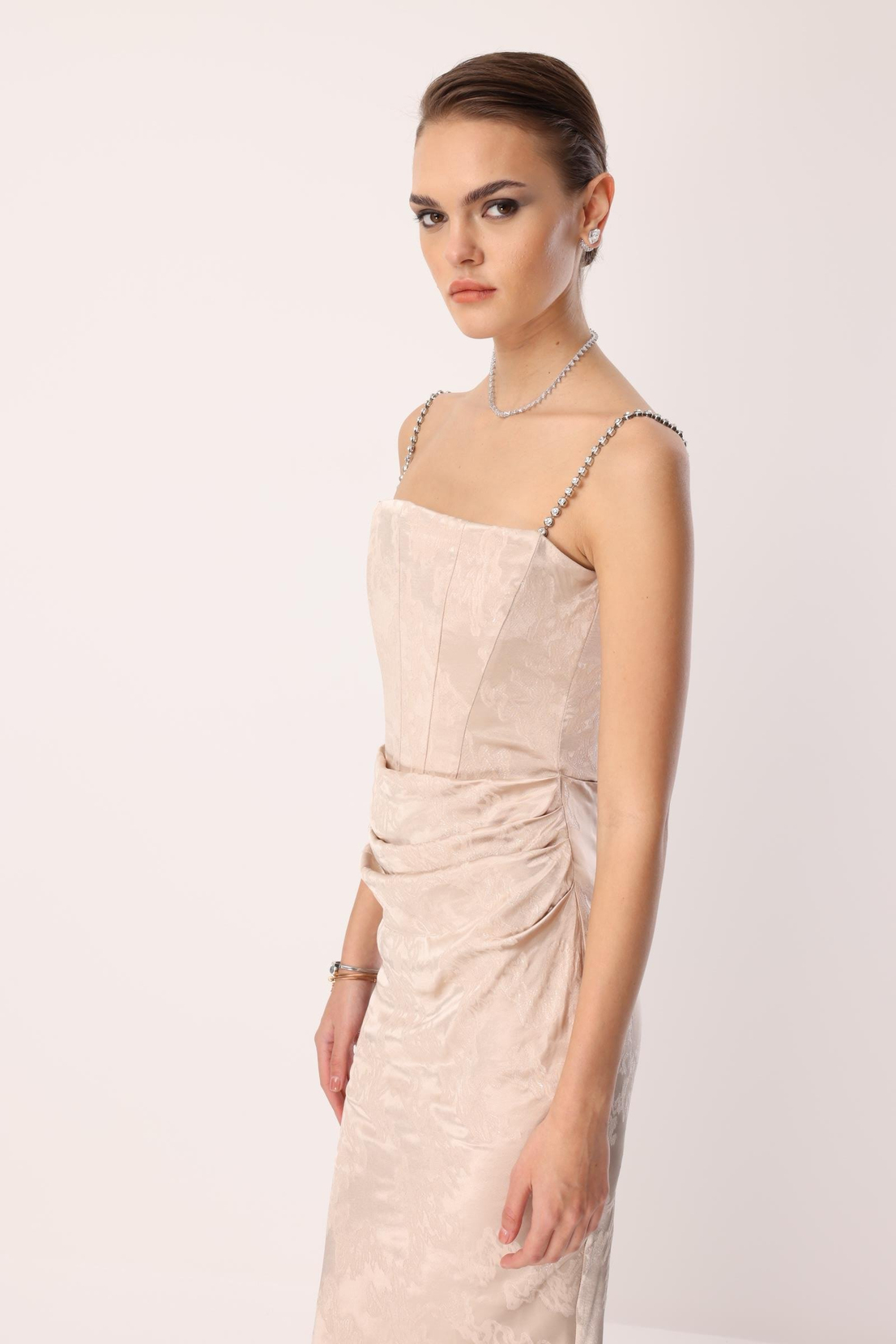 Straplez Jakar Elbise VİZON