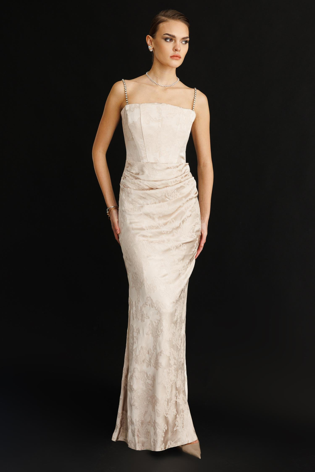 Straplez Jakar Elbise VİZON