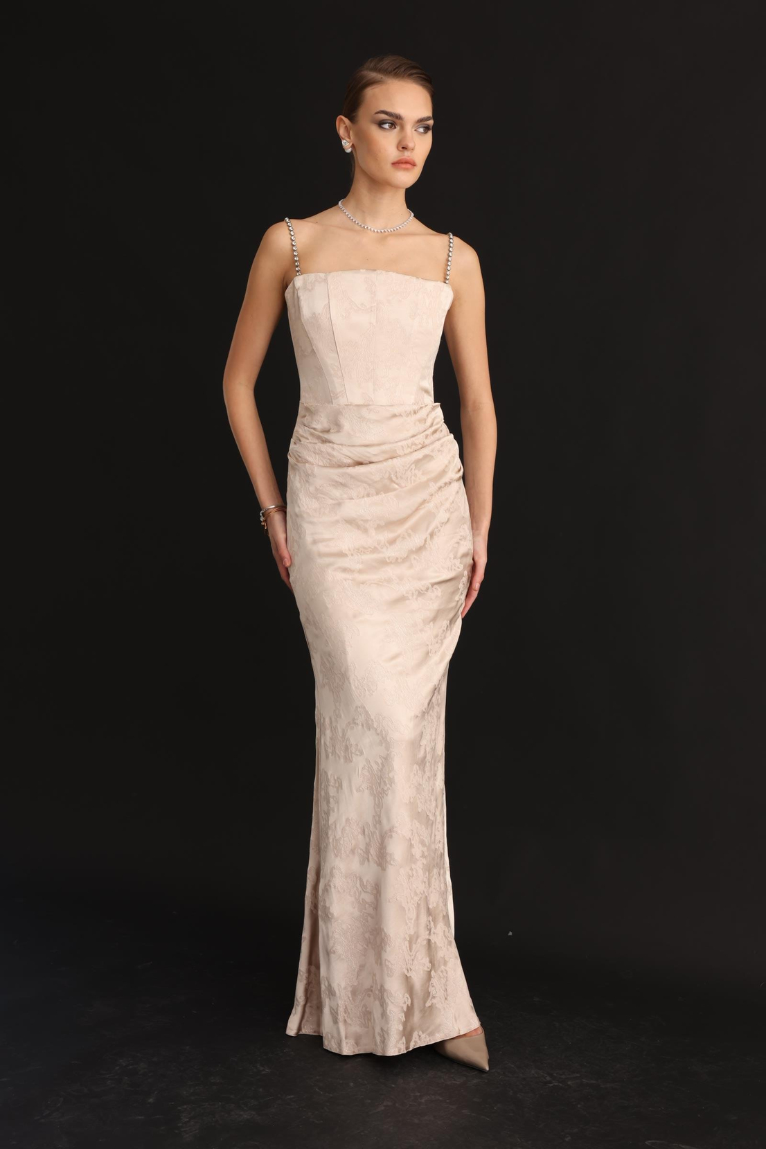 Straplez Jakar Elbise VİZON