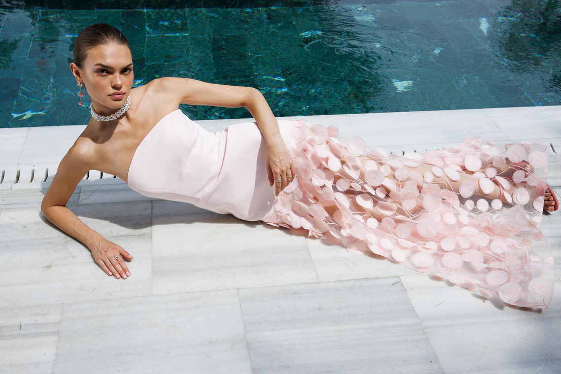 Strapless Top Crepe Skirt 3D Tulle Long Evening Dress PINK