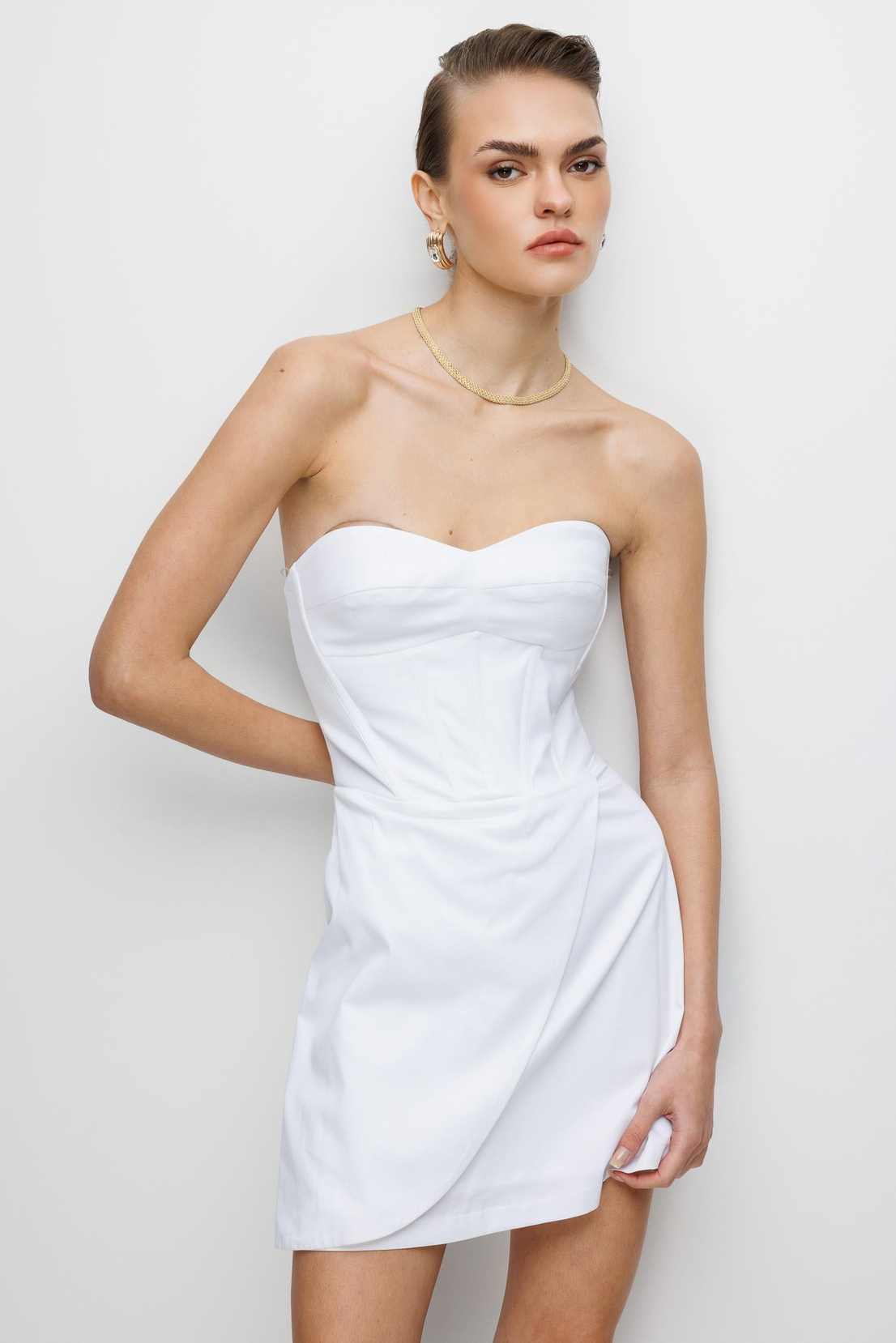 Straplez Yaka Mini Elbise EKRU