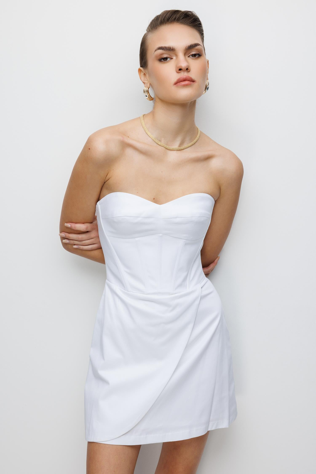 Straplez Yaka Mini Elbise EKRU
