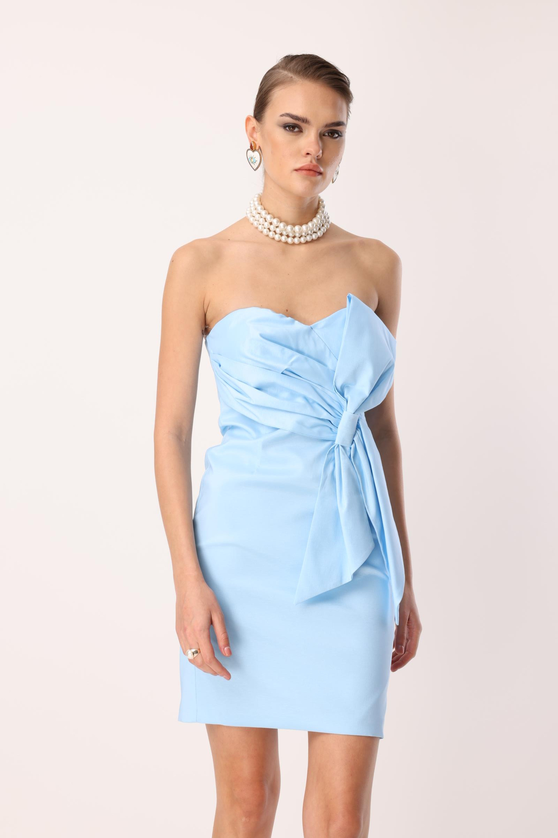 Tafta Fiyonk Detay Mini Elbise BEBE MAVİ