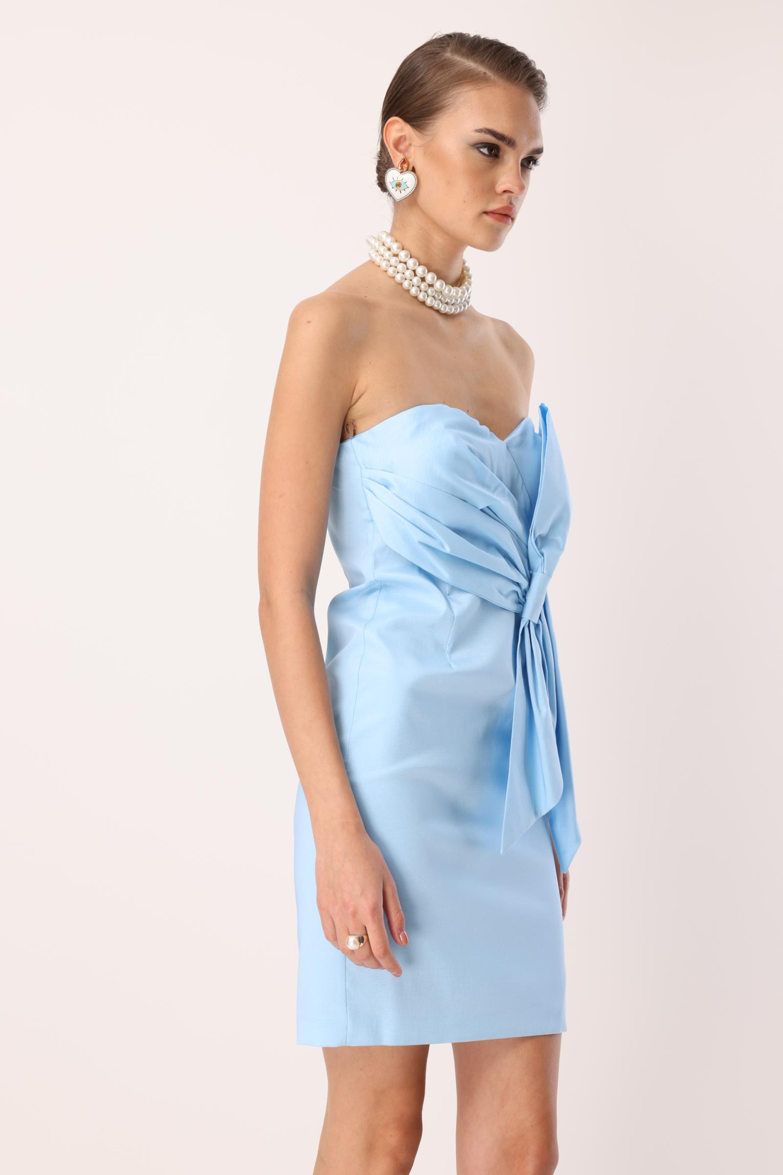 Tafta Fiyonk Detay Mini Elbise BEBE MAVİ