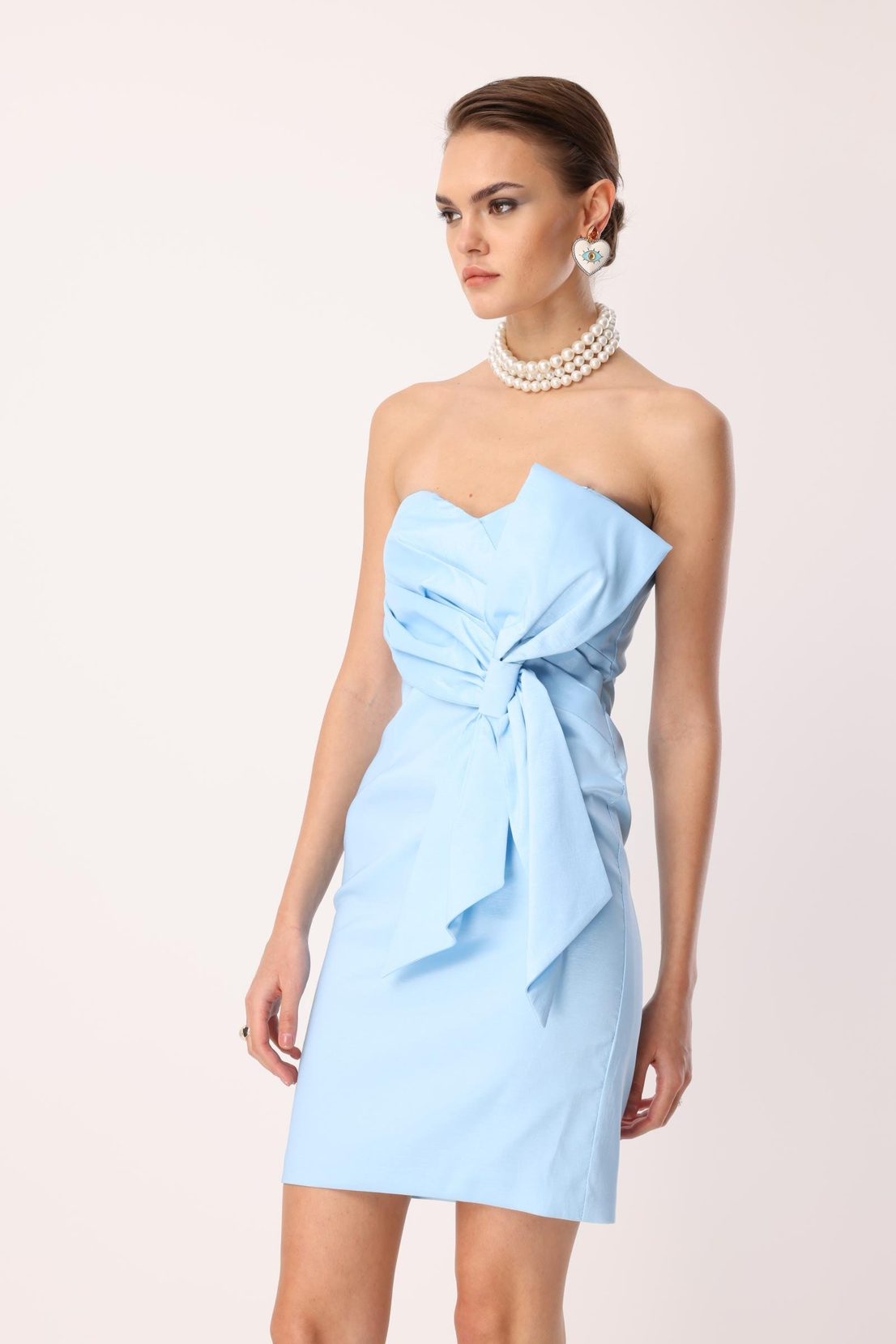 Tafta Fiyonk Detay Mini Elbise BEBE MAVİ