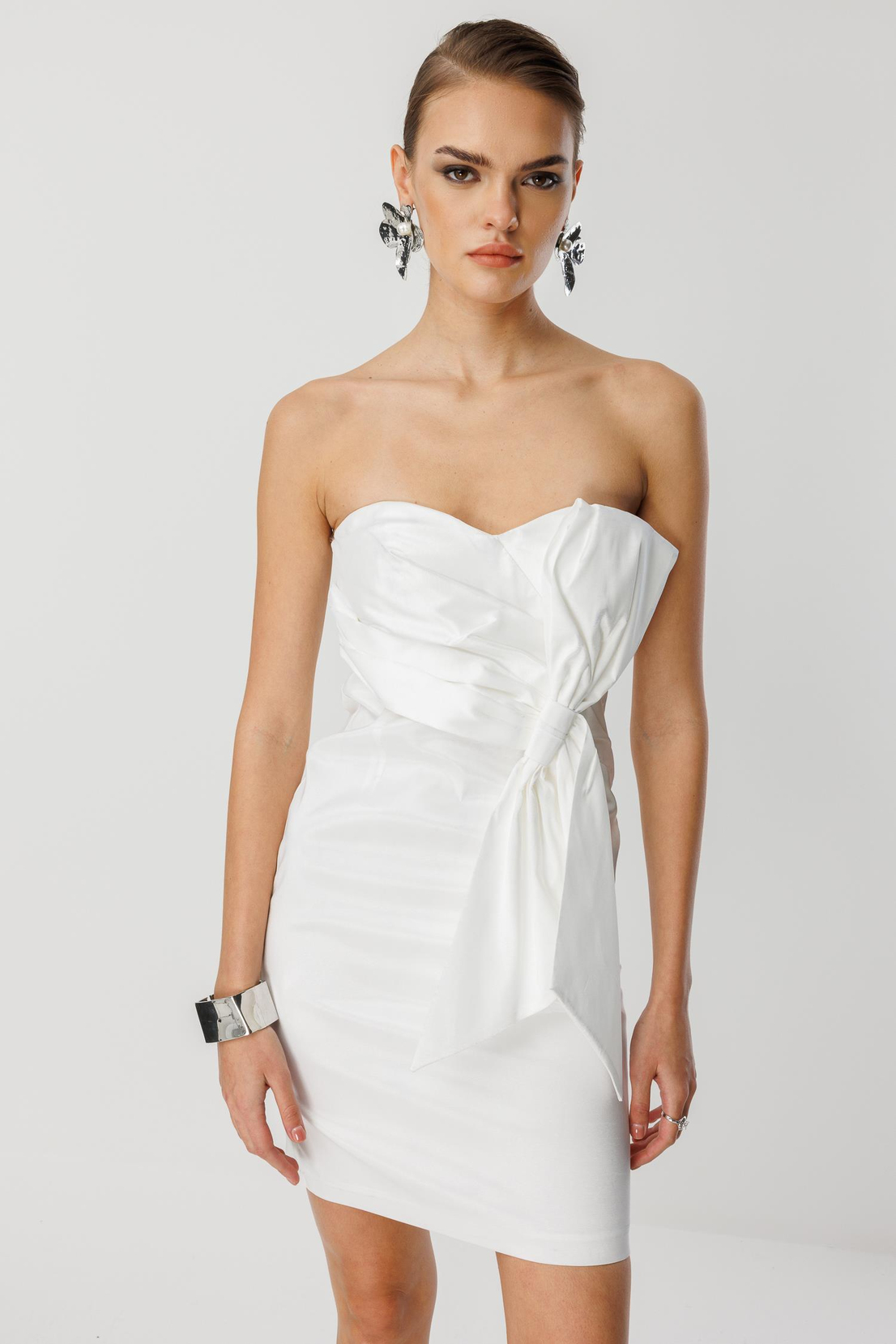 Tafta Fiyonk Detay Mini Elbise EKRU