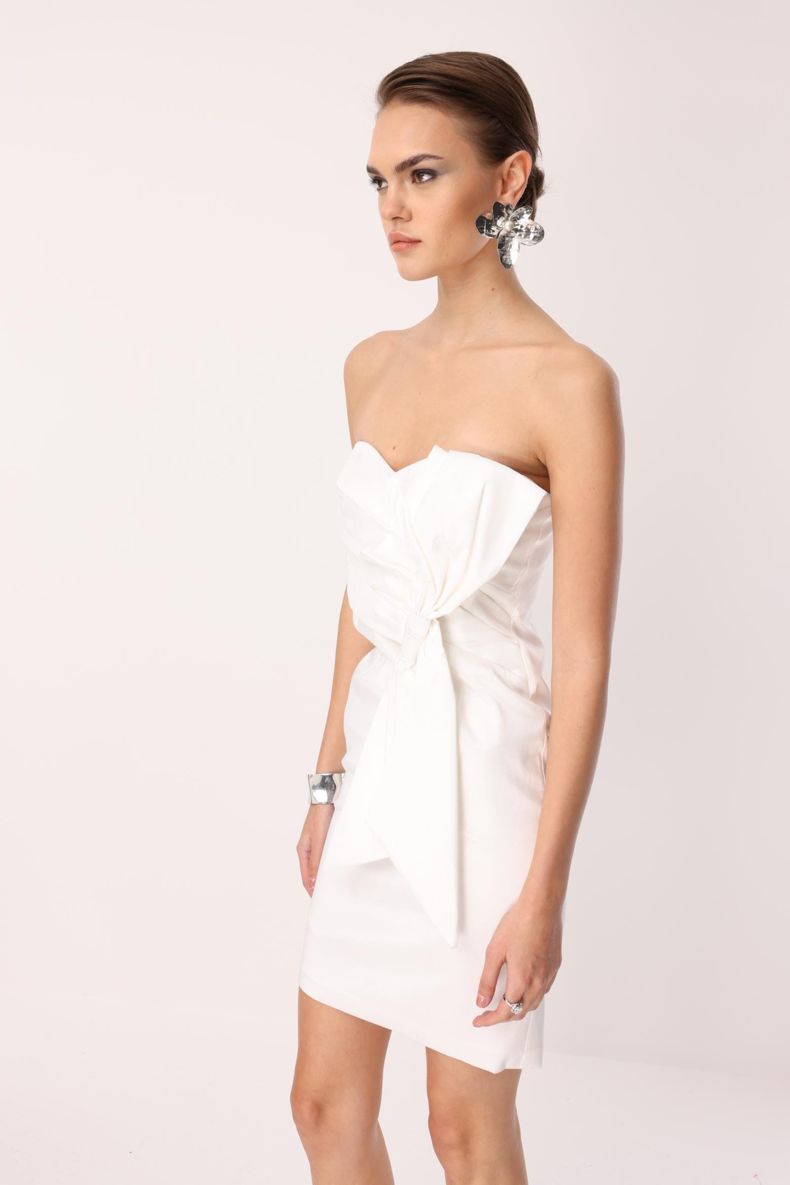 Tafta Fiyonk Detay Mini Elbise EKRU