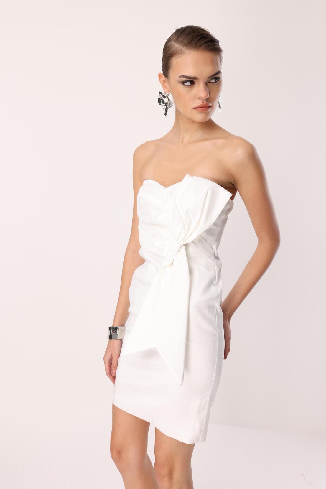 Tafta Fiyonk Detay Mini Elbise EKRU