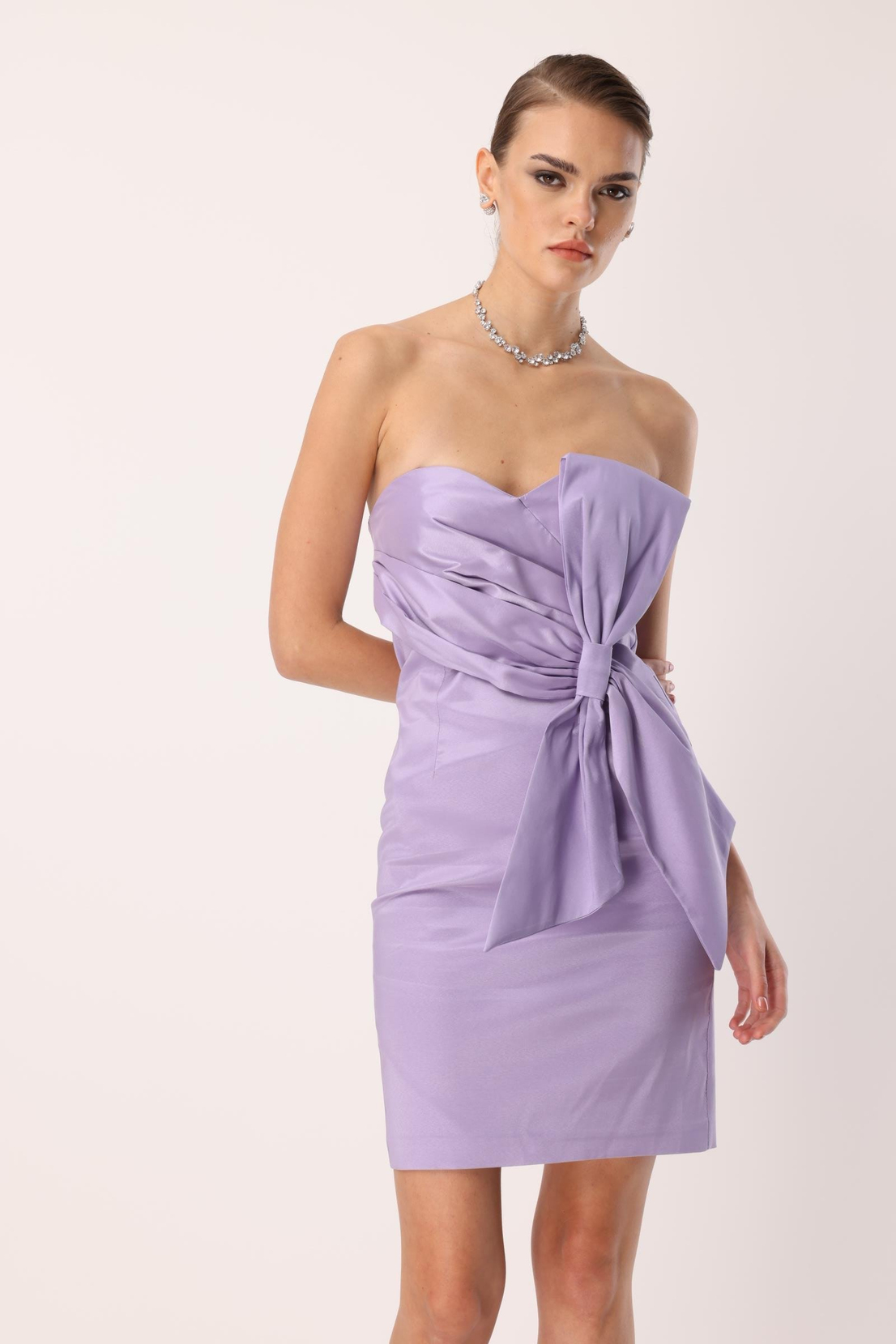 Tafta Fiyonk Detay Mini Elbise LİLA
