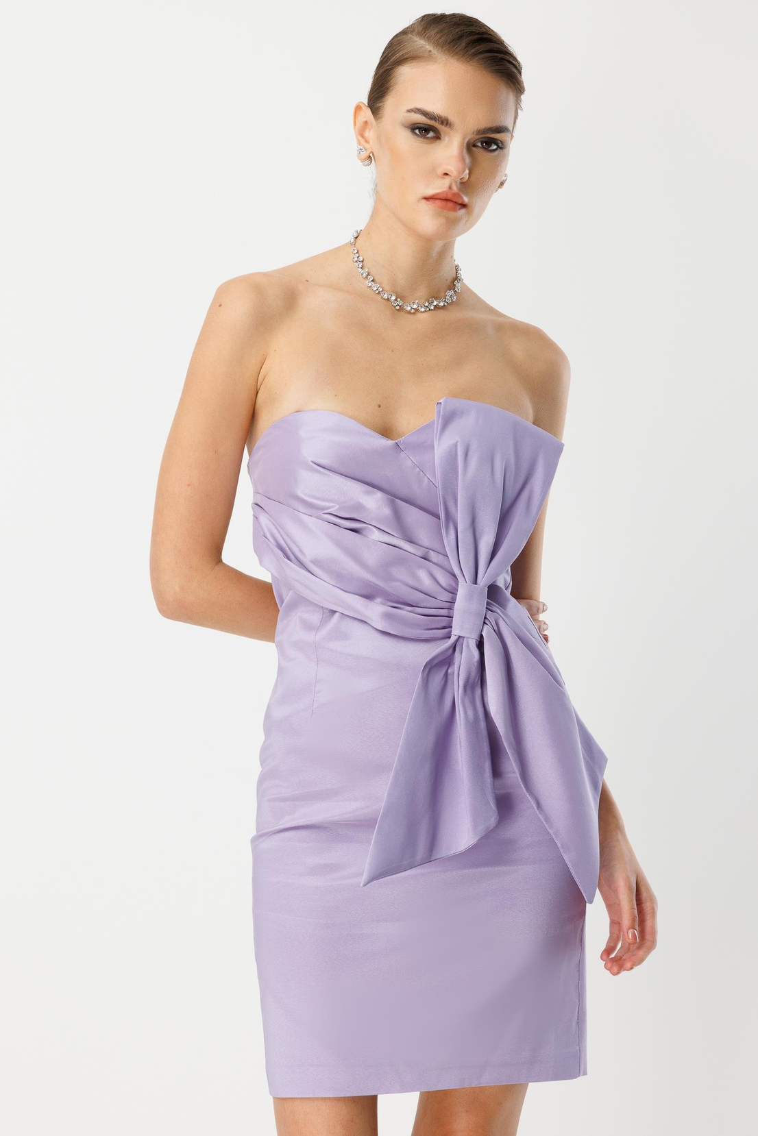 Tafta Fiyonk Detay Mini Elbise LİLA