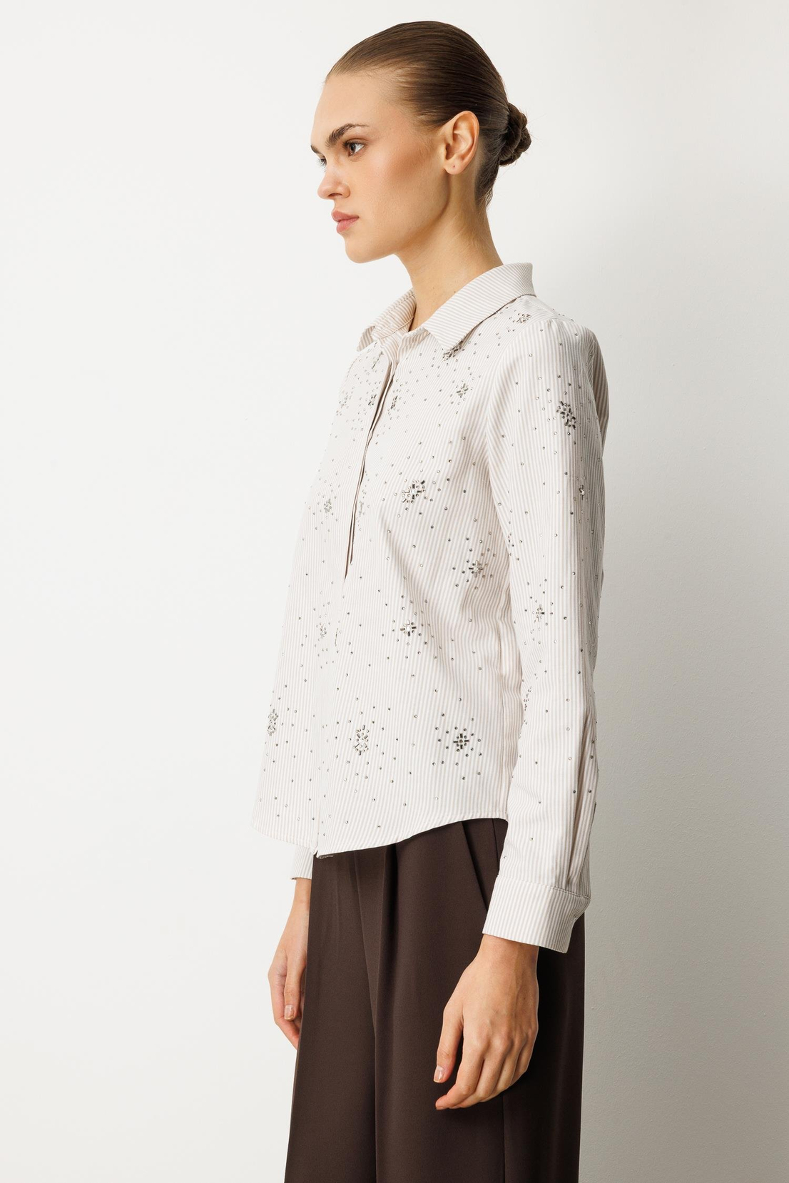 Taş İşlemel Çizgili i Gömlek BEJ