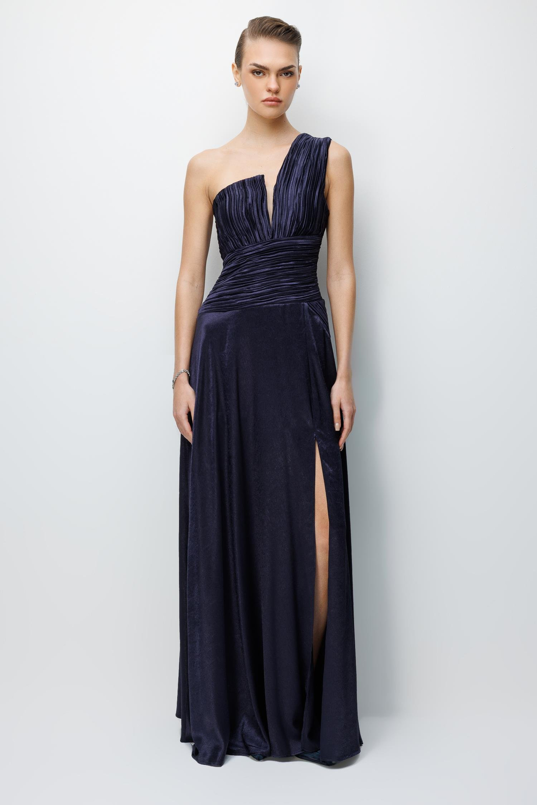 Tek Omuz Piliseli Elbise LACİVERT