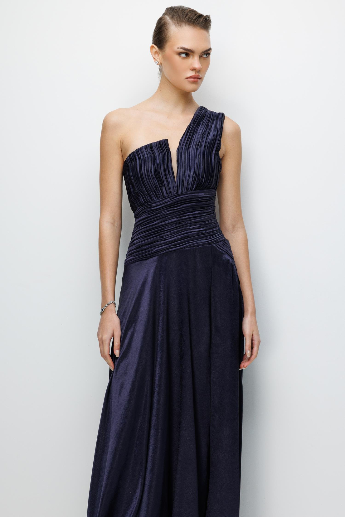 Tek Omuz Piliseli Elbise LACİVERT