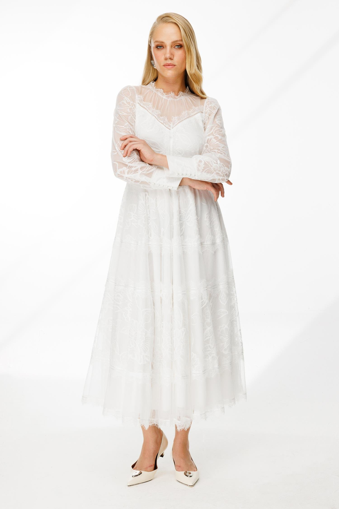 Uzun Kol Dantel Elbise BEYAZ