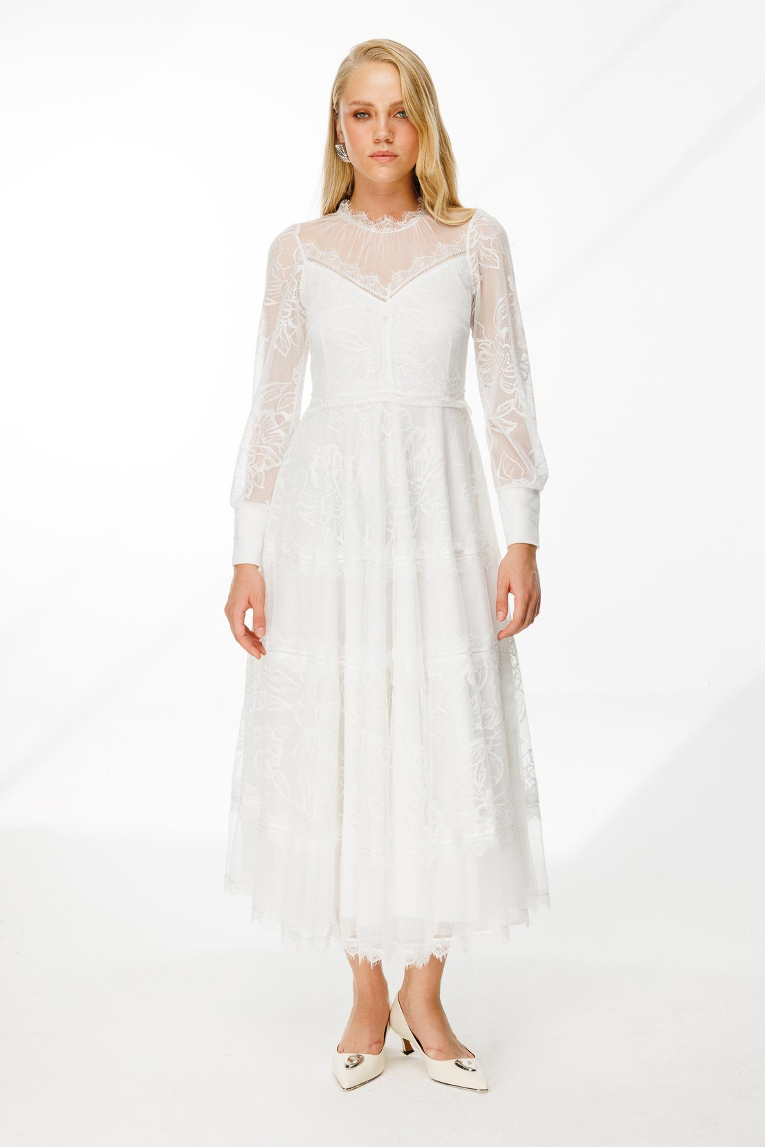 Uzun Kol Dantel Elbise BEYAZ