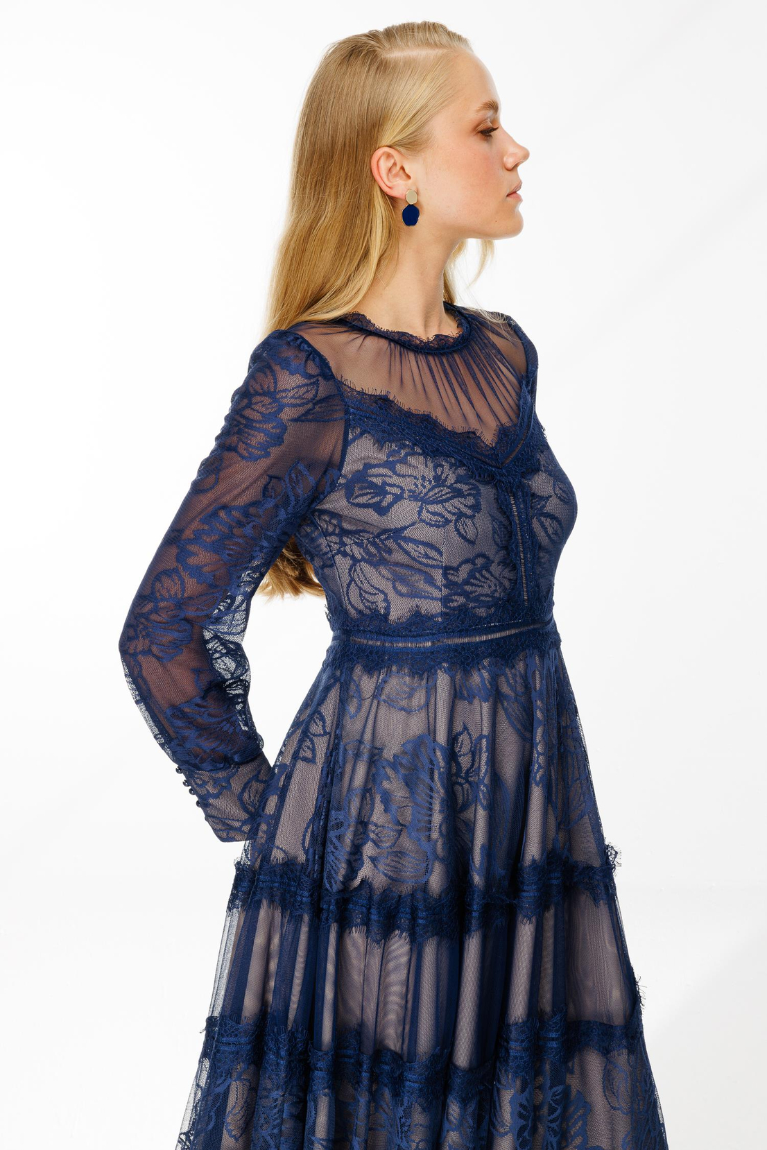 Uzun Kol Dantel Elbise LACİVERT