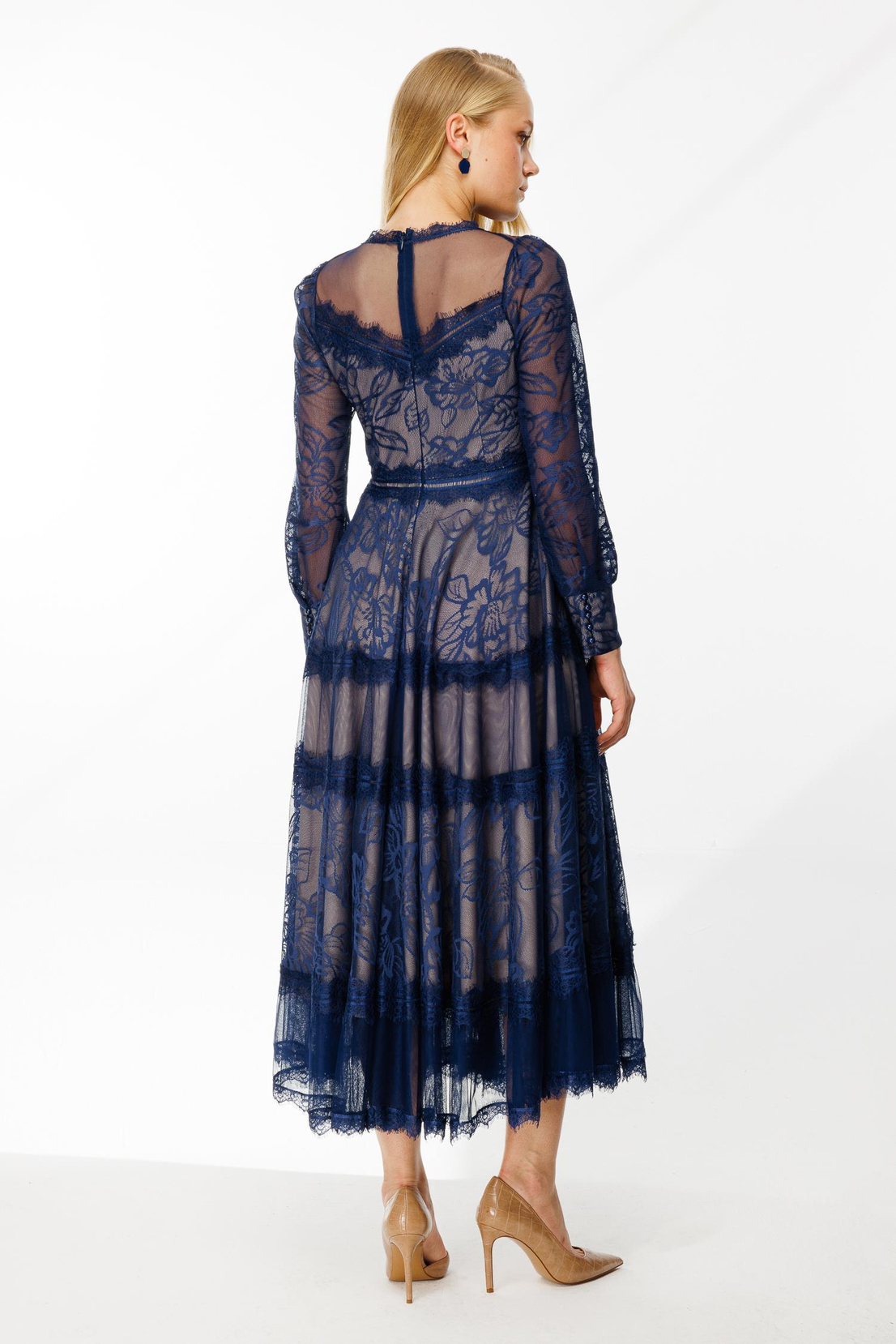 Uzun Kol Dantel Elbise LACİVERT
