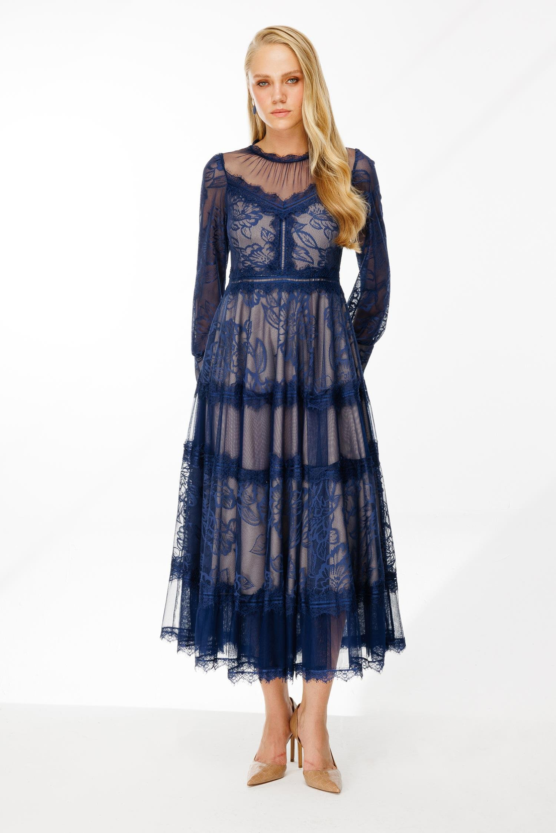 Uzun Kol Dantel Elbise LACİVERT