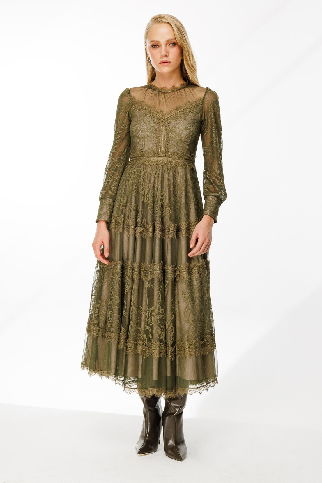 Uzun Kol Dantel Elbise YEŞİL