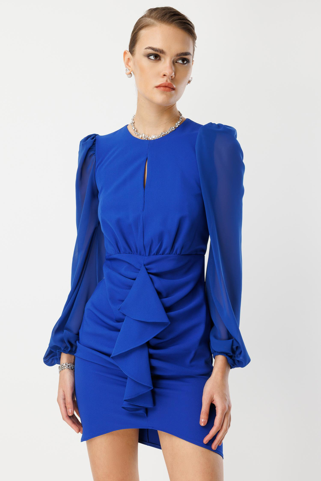 Volan Detaylı Uzun Kollu Mini Elbise SAKS