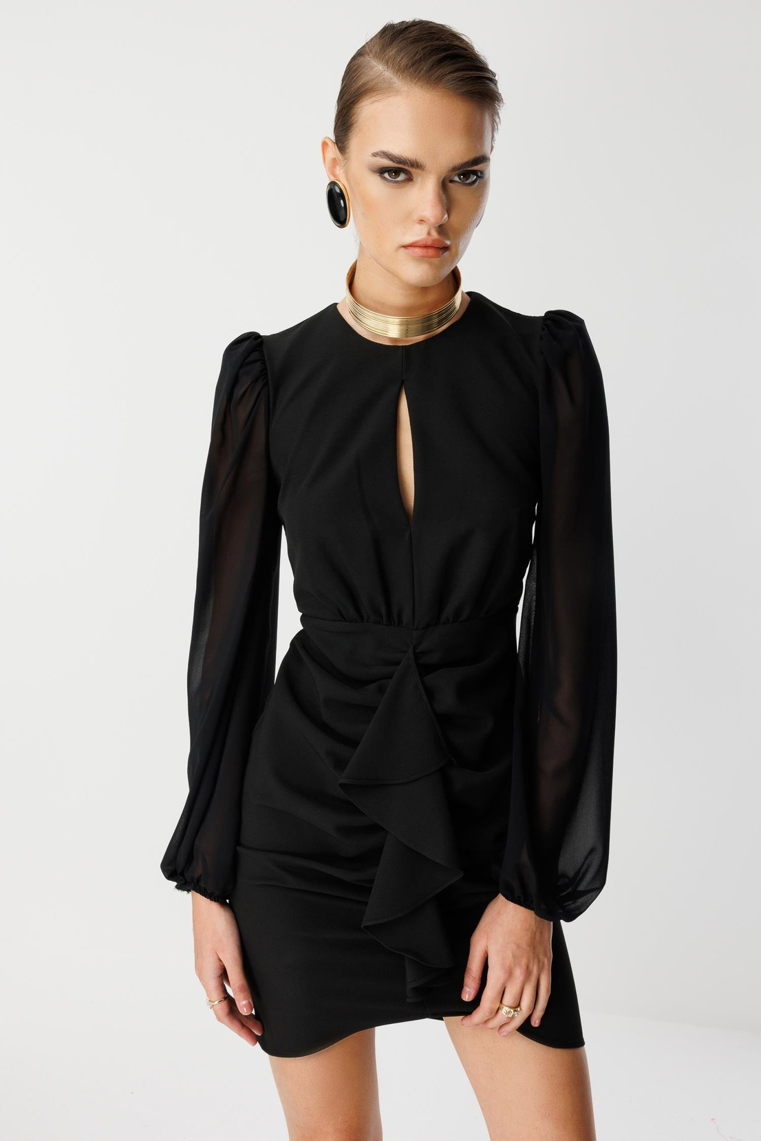 Volan Detaylı Uzun Kollu Mini Elbise SİYAH