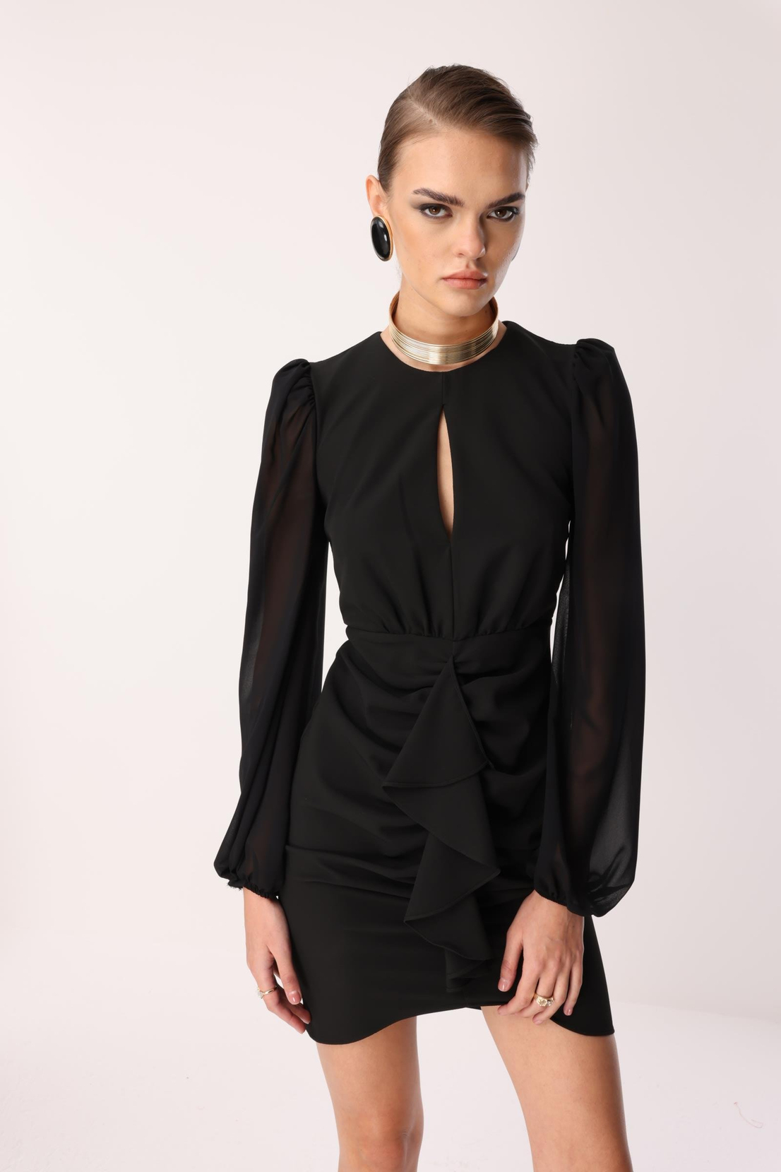 Volan Detaylı Uzun Kollu Mini Elbise SİYAH