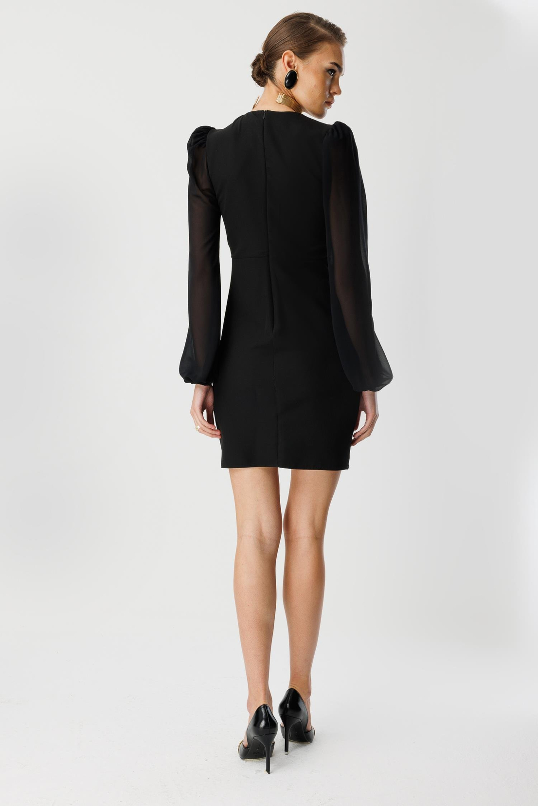 Volan Detaylı Uzun Kollu Mini Elbise SİYAH