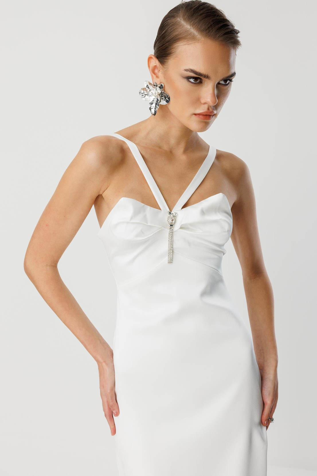 Yaka Askı Detay Mini Elbise EKRU