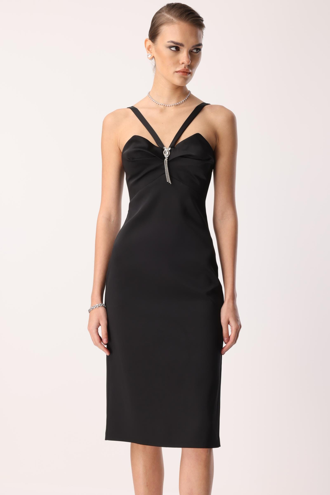 Yaka Askı Detay Mini Elbise SİYAH