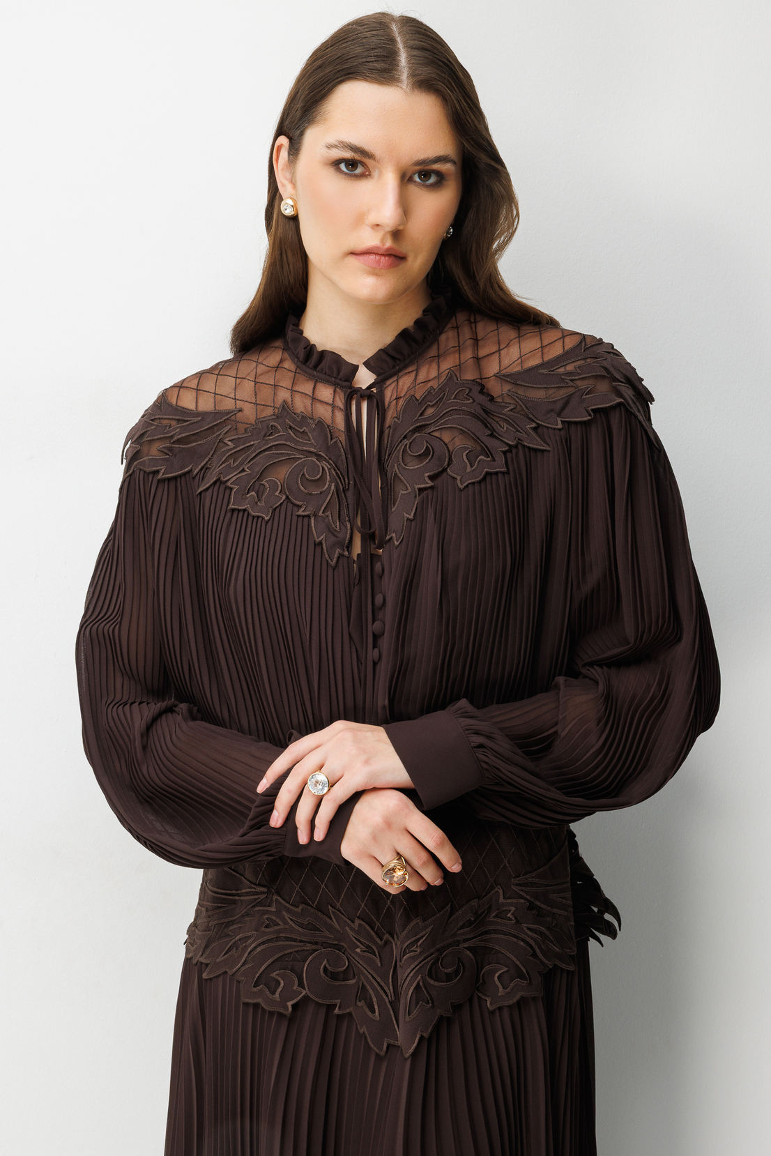 Yaka Bel Dantel İşleme Detay Maxi Boy Elbise KAHVERENGİ