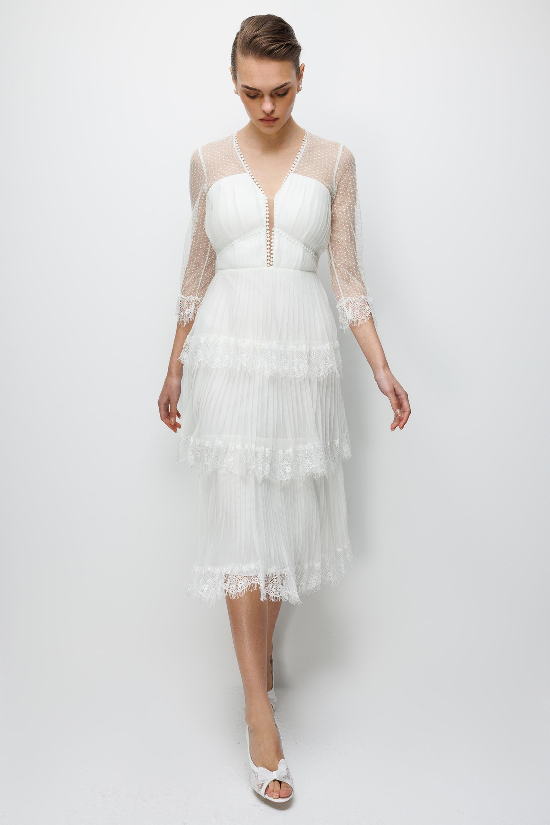 Yaka Birit Detaylı Tül Etek Elbise EKRU