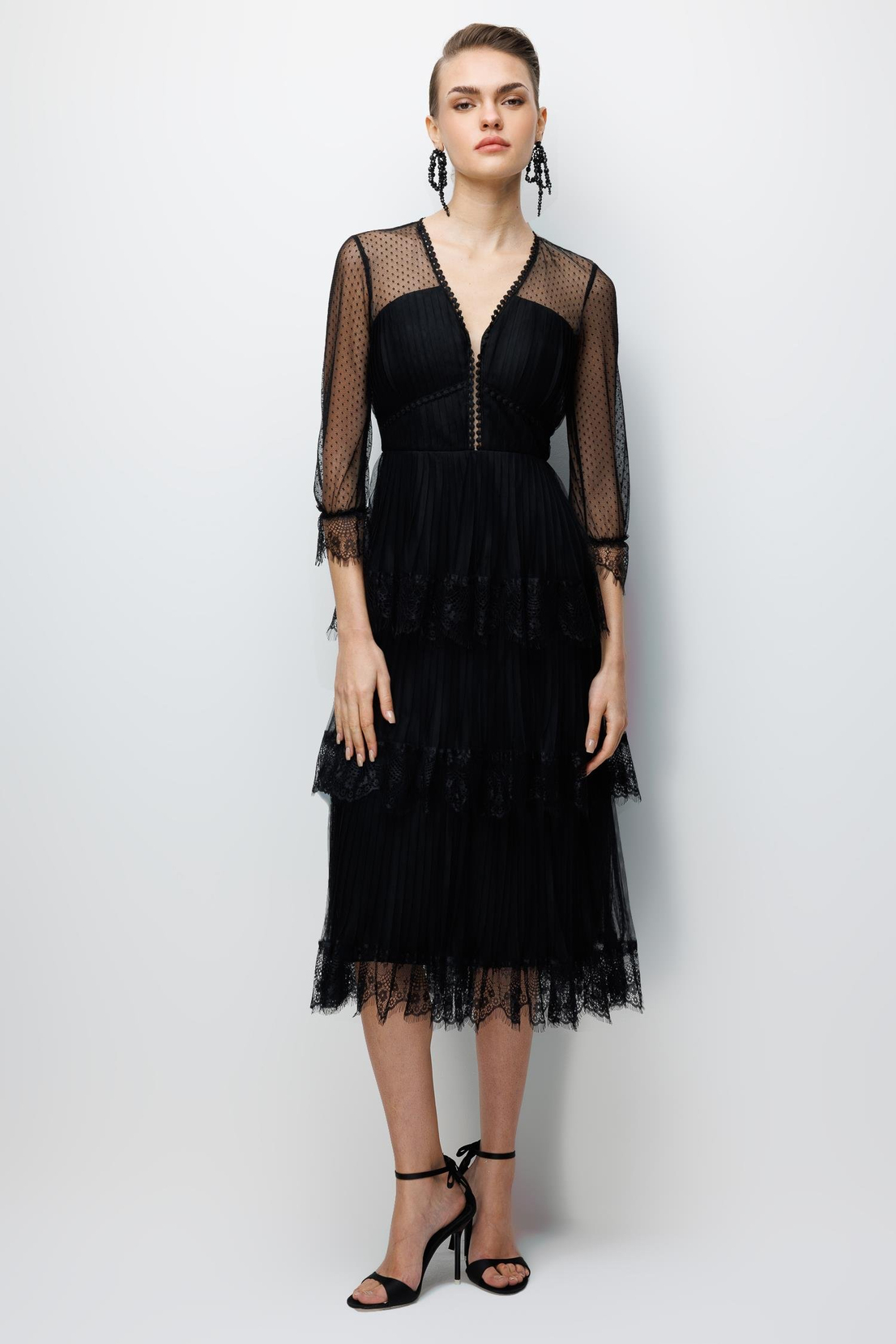 Yaka Birit Detaylı Tül Etek Elbise SİYAH