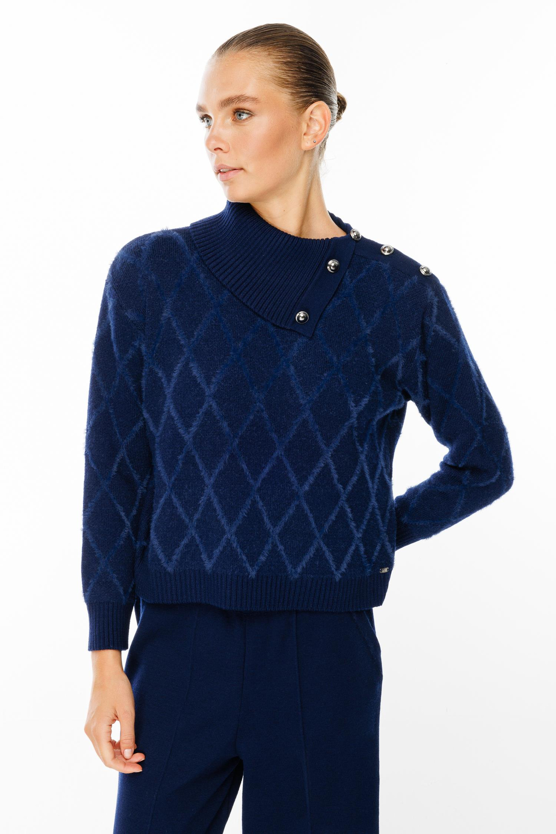 Yaka Düğme Detaylı Baklava Desen Kazak LACİVERT