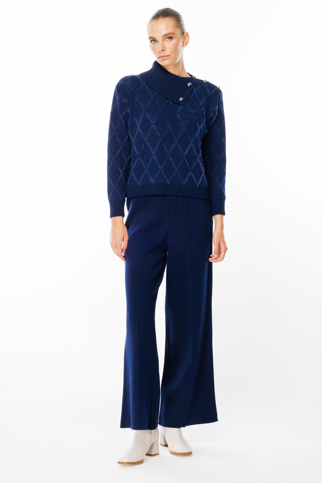 Yaka Düğme Detaylı Baklava Desen Kazak LACİVERT