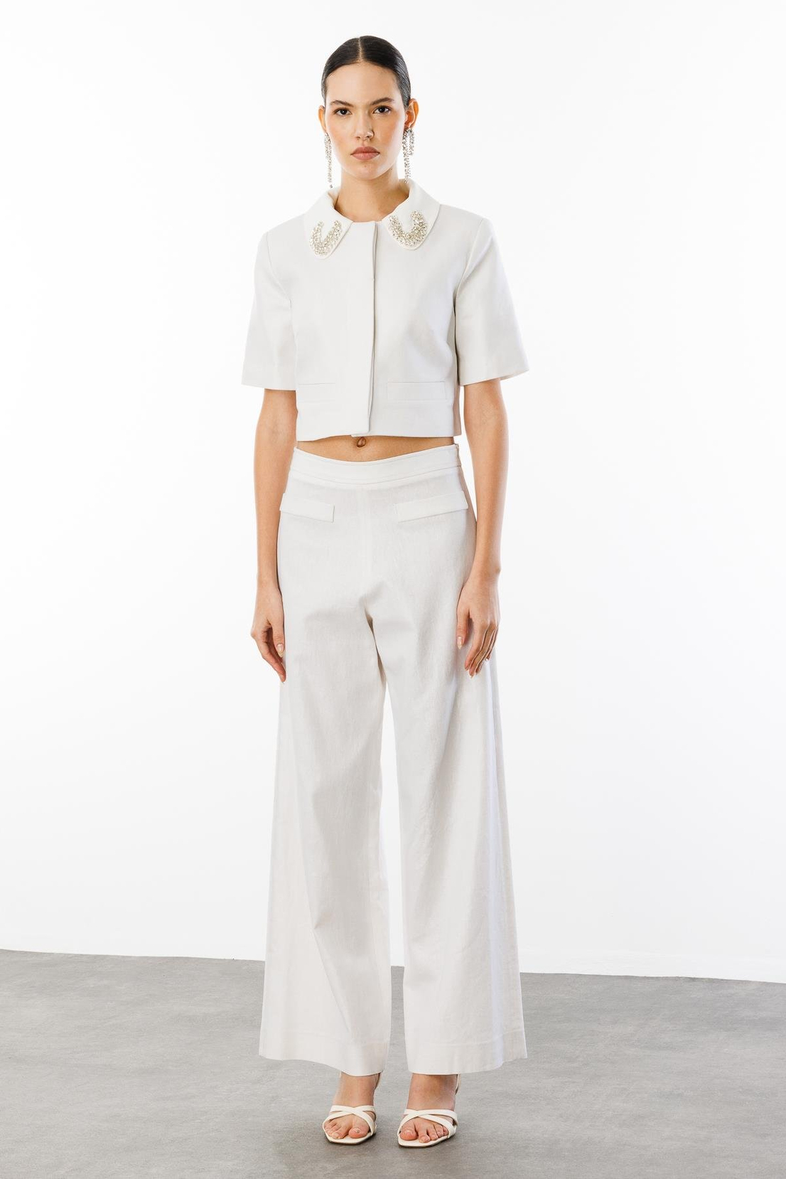 Yaka İşleme Detaylı Ceket Pantolon Keten Takım KREM