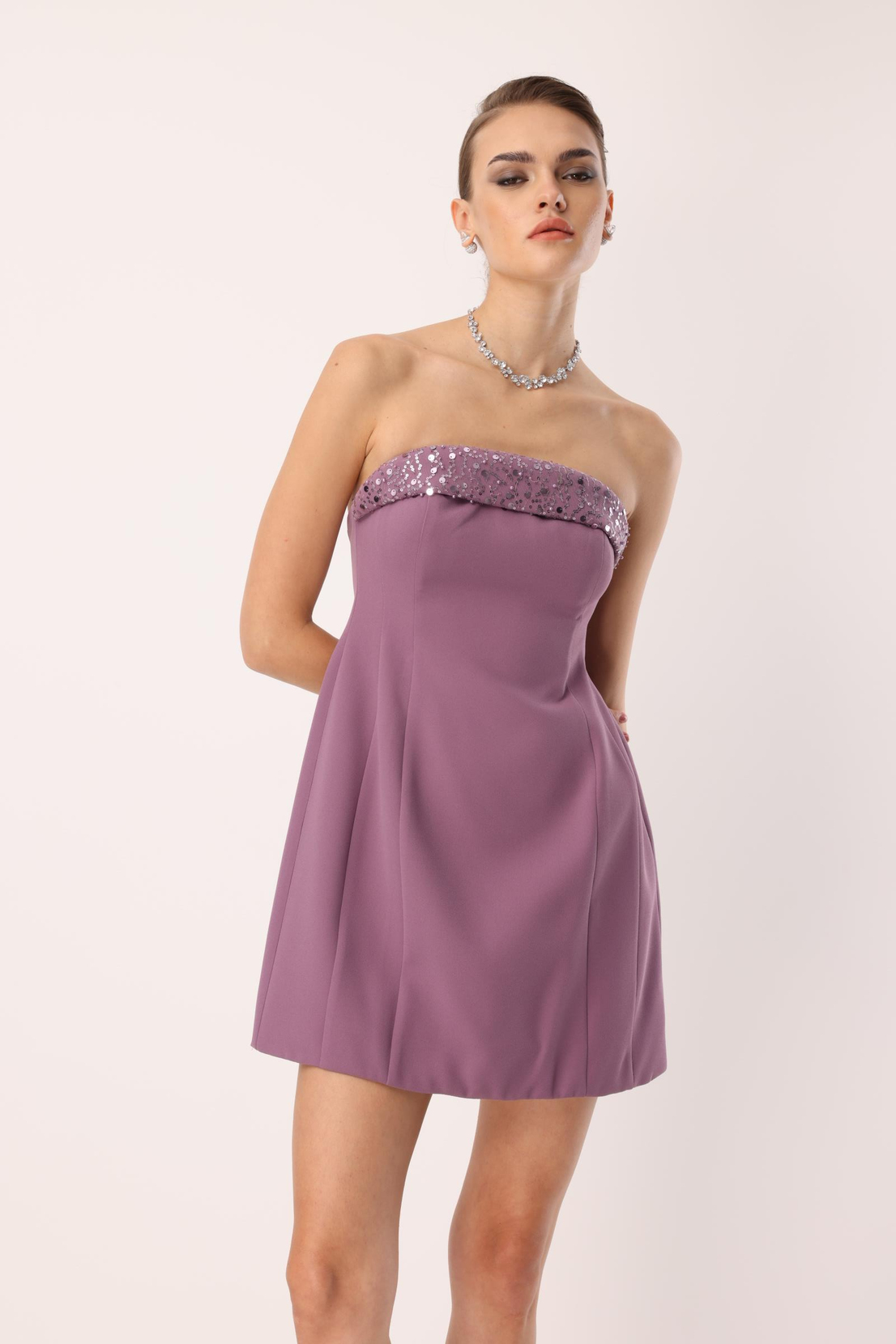 Yaka İşleme Detaylı Mini Elbise MOR