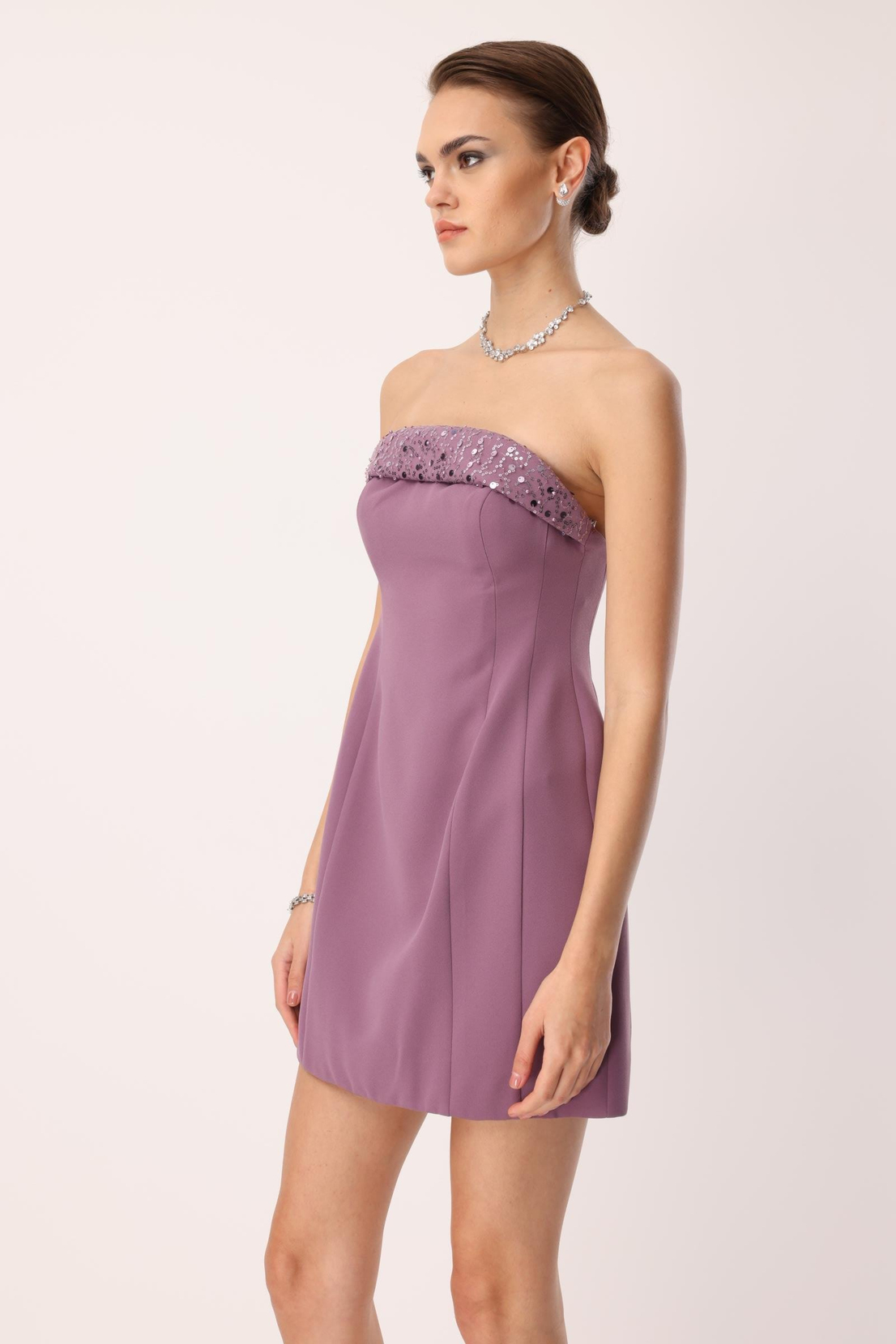 Yaka İşleme Detaylı Mini Elbise MOR