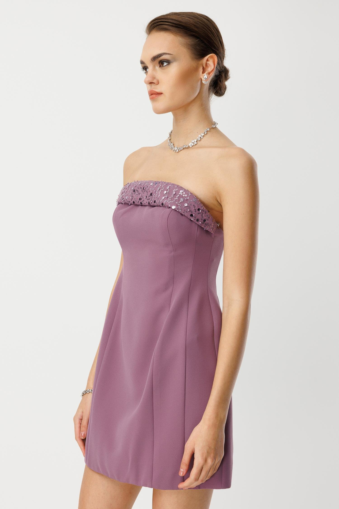 Yaka İşleme Detaylı Mini Elbise MOR