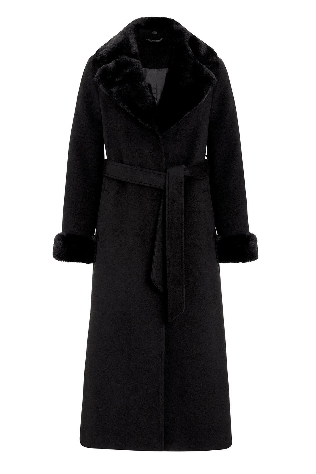 Yaka Kol Ucu Kürk Detaylı Kaşe Kaban SİYAH