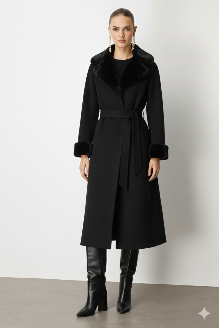 Yaka Kol Ucu Kürk Detaylı Kaşe Kaban SİYAH