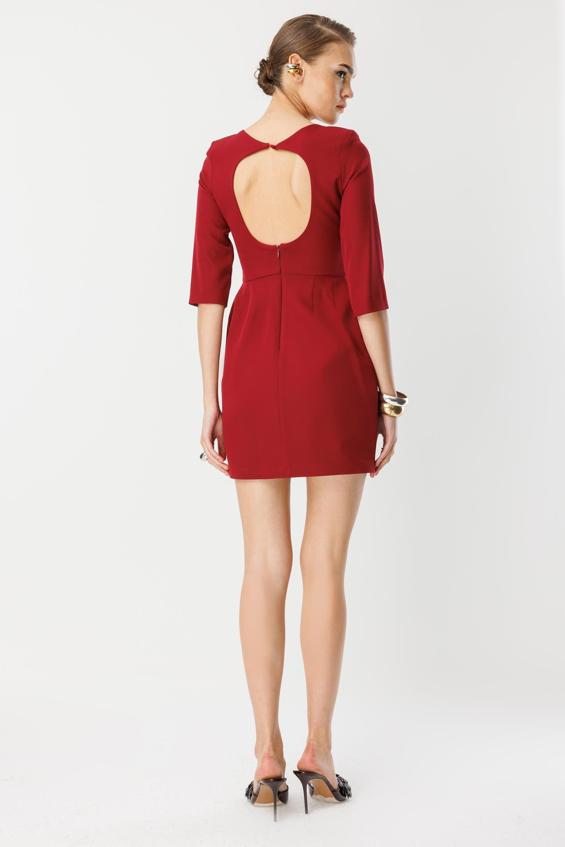 Yaka Lazer Aksesuar Detaylı Mini Elbise BORDO